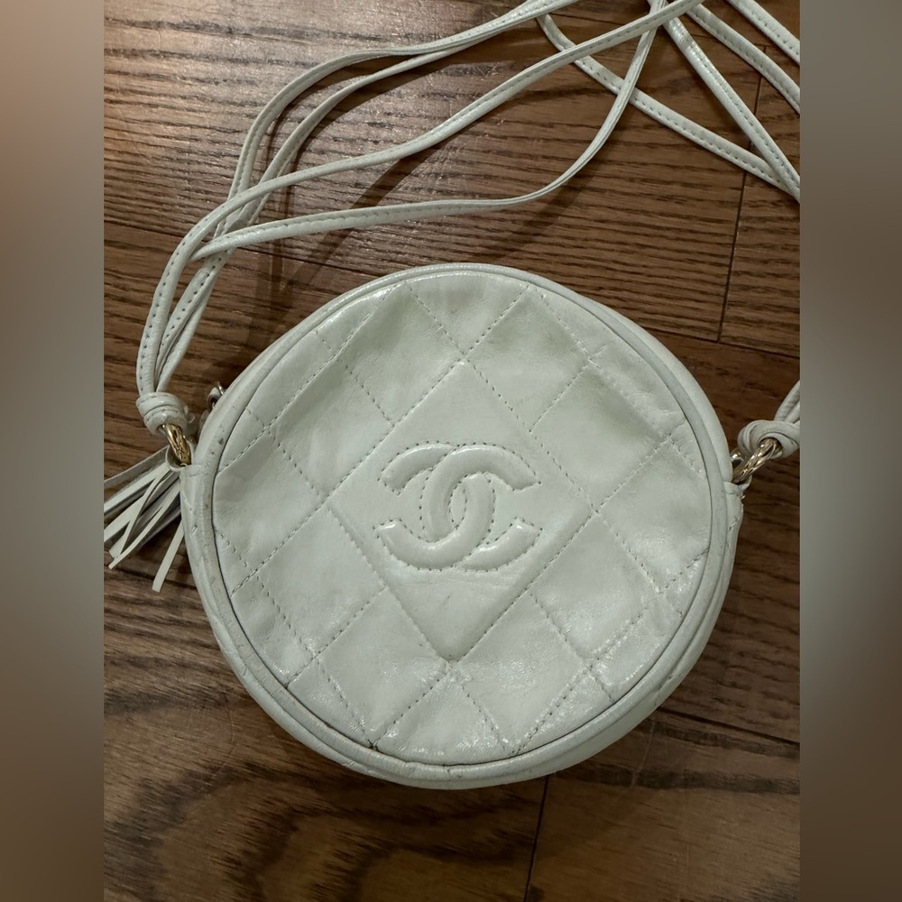 CHANEL Cream Quilted Round Crossbody Bag